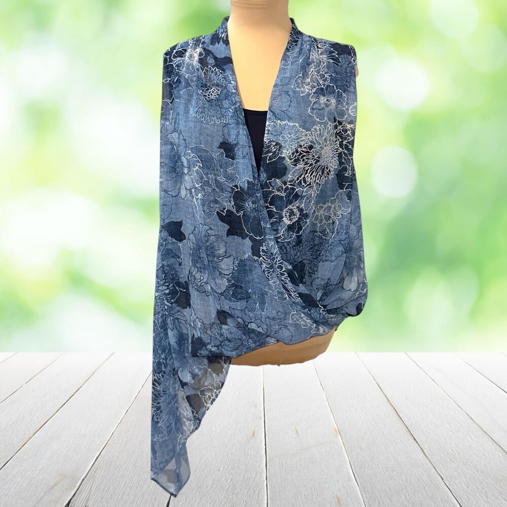 KAREN KANE Asym Tunic Top Draped Wrap Front Sleeveless Blue Floral Chiffon Sz XL